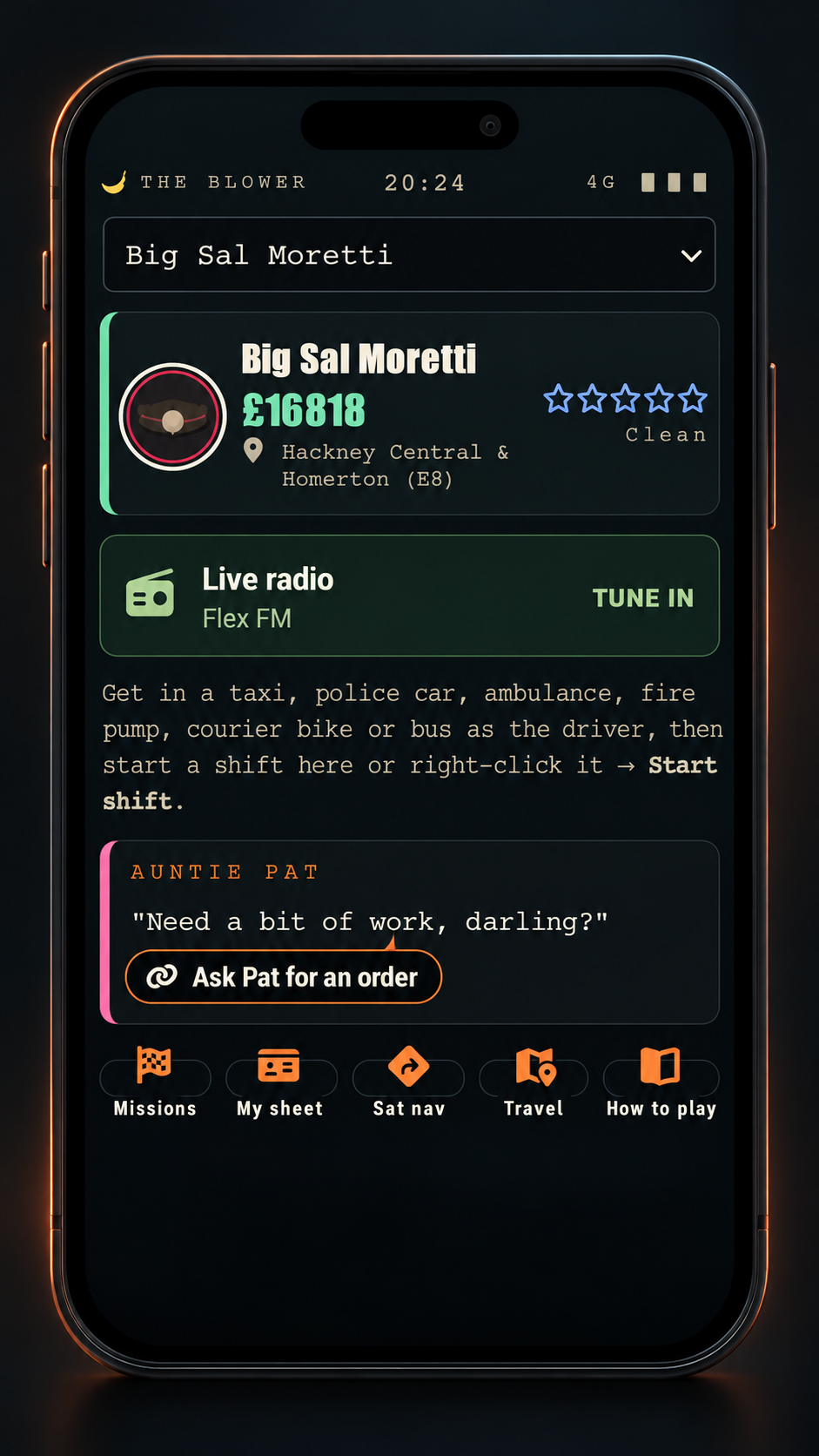 The Smoke Blower dashboard interface showing a contact card for Big Sal Moretti, a live radio panel, travel advice and Auntie Pat's job prompt